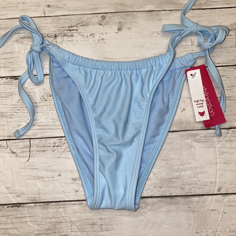 Xhilaration Bikini Bottom Womens Small‎ Blue Light High Leg Scoop String Tie NEW